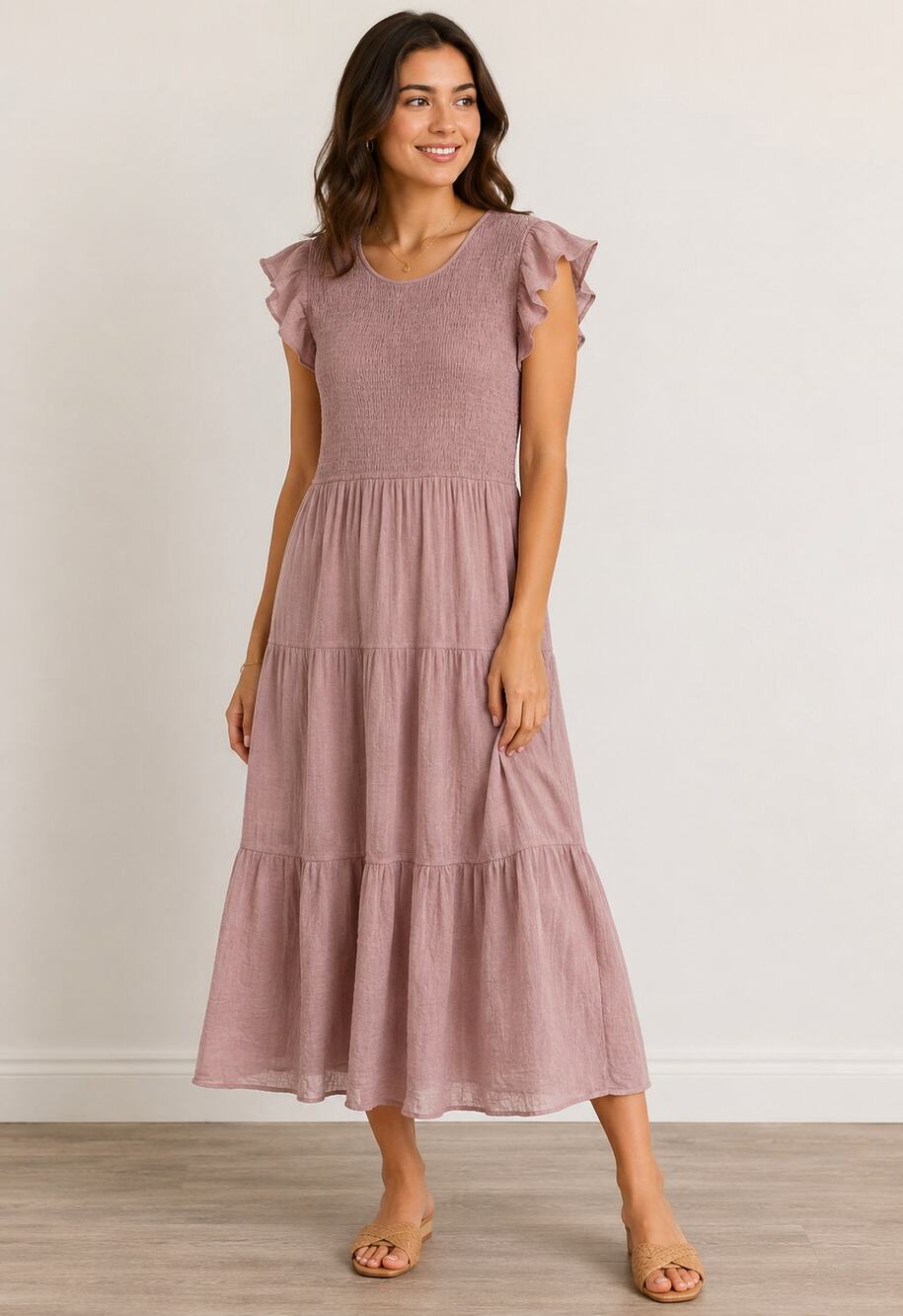 Sweet Wanderer Pink Smocked Tiered Midi Dress Romantic Cottagecore XL